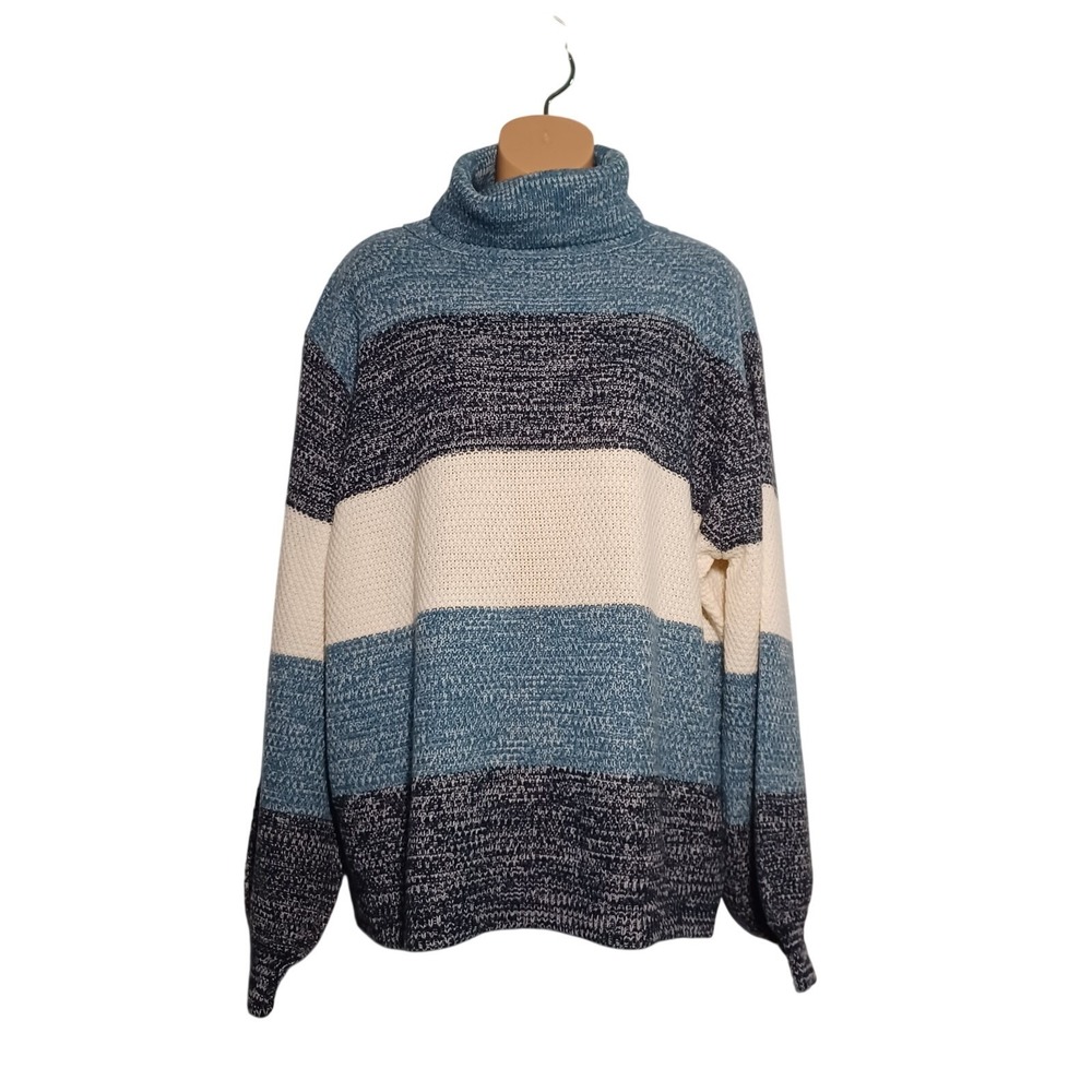 Zenana Womens Blue Colorblock Balloon Sleeve Knit Turtleneck Sweater Coastal
